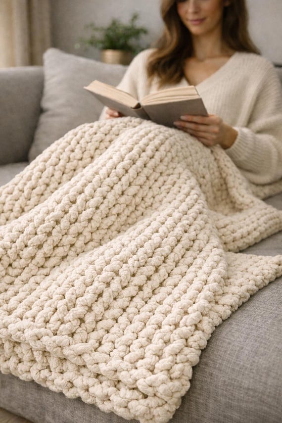 Strickmuster für eine elfenbeinfarbene Strickdecke | Grobstrickmuster (PDF) | Superdicke, kuschelige Decke | Anfängerfreundliches DIY