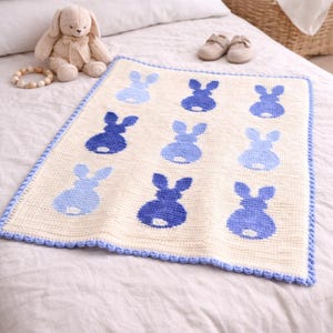 May include: A cream-colored baby blanket with a pattern of blue bunny silhouettes. The blanket has a blue scalloped border and is surrounded by a stuffed bunny, baby shoes, and a wooden teething ring.