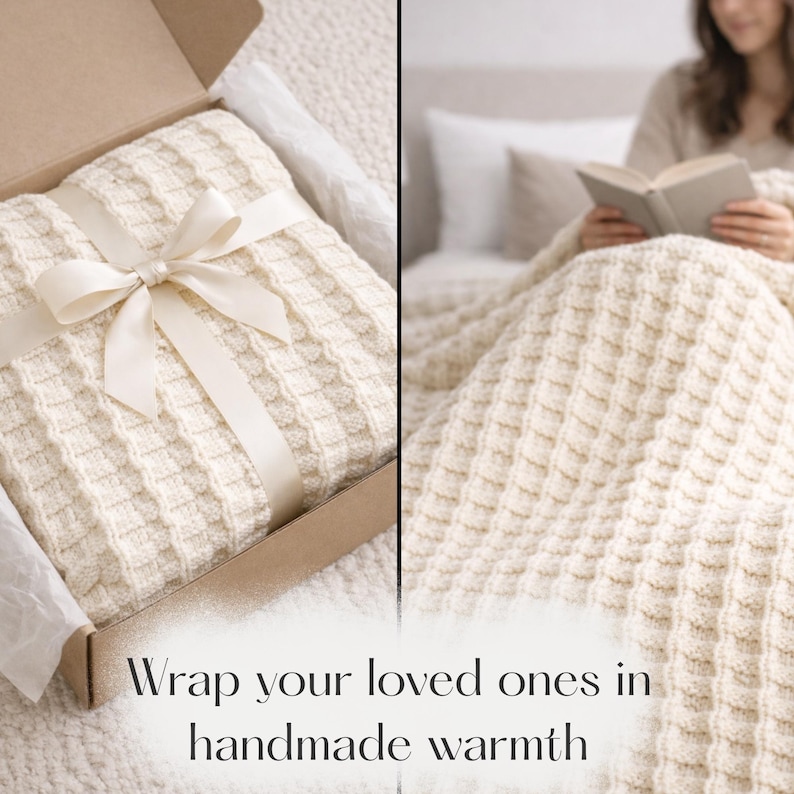 May include: Cream-colored, textured blanket with a waffle-knit pattern, tied with a satin ribbon bow, presented in a cardboard box. The blanket is shown both folded and in use, with the text "Wrap your loved ones in handmade warmth."