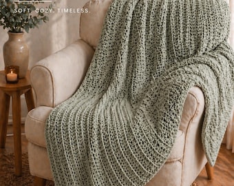 Sage Ridge Throw Knitting Pattern, Easy Blanket Pattern, Beginner Knit Blanket, Chunky Ribbed Throw, Modern Cozy Blanket PDF
