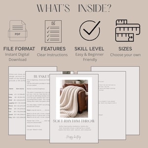 May include: A digital knitting pattern for the Soft Rhythm Throw, featuring a PDF file format, clear instructions, and beginner-friendly skill level. Includes a size chart with measurements in inches and centimeters for various blanket sizes from lovey to king.