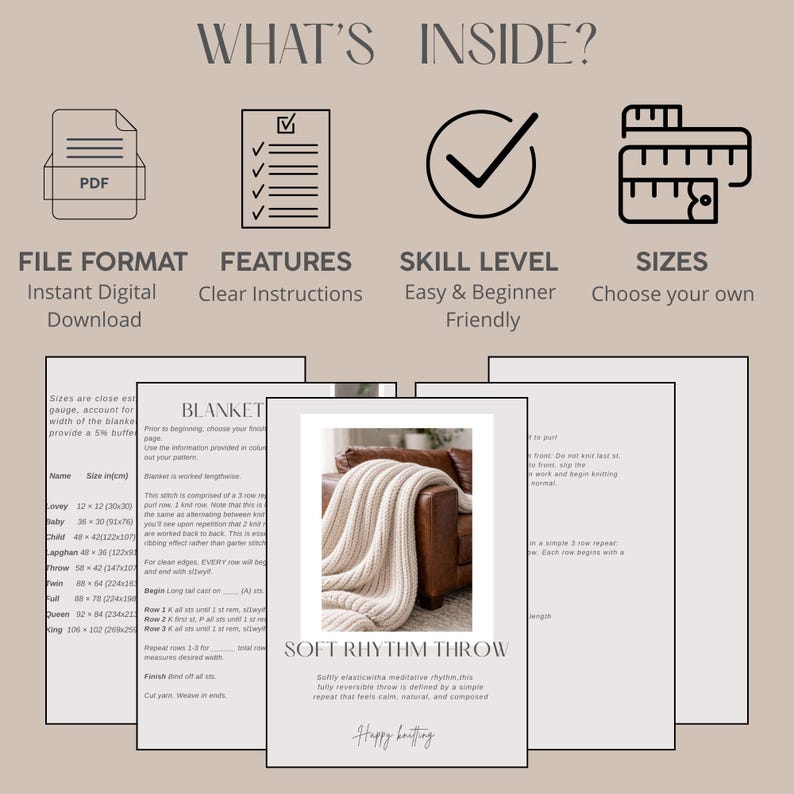 May include: A digital knitting pattern for the Soft Rhythm Throw, featuring a PDF file format, clear instructions, and beginner-friendly skill level. Includes a size chart with measurements in inches and centimeters for various blanket sizes from lovey to king.