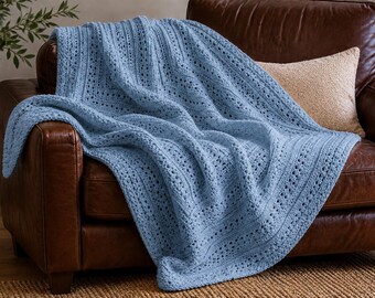 Dusty Blue Crochet Throw Pattern PDF, Nordic Square Blanket, Textured Afghan, Modern Farmhouse Decor