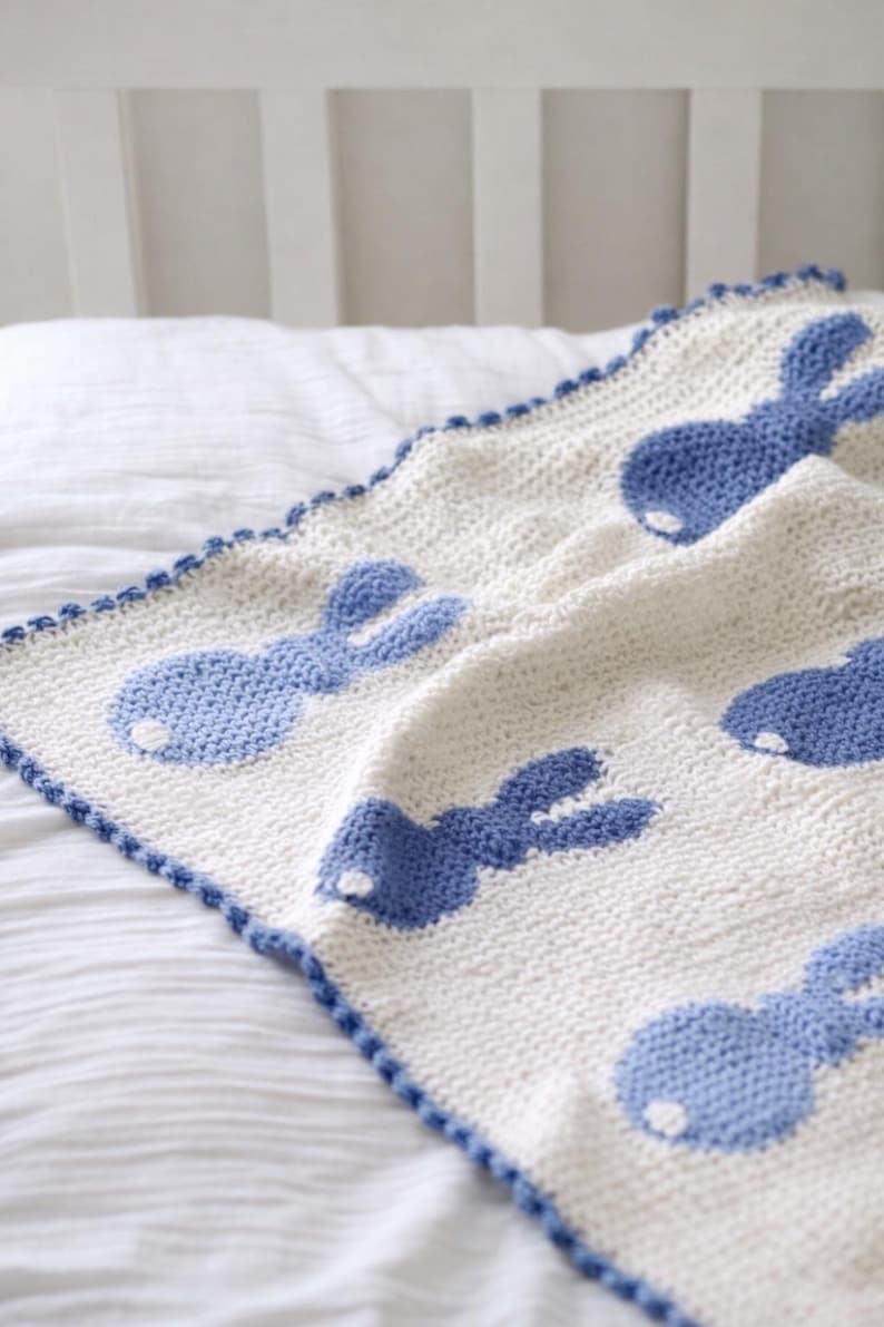 May include: A white and blue knitted baby blanket featuring a repeating pattern of blue bunny silhouettes. The blanket has a scalloped blue border and is displayed on a white bed.