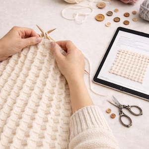 May include: A person is knitting a cream-colored blanket with wooden needles. Balls of yarn in cream, pink, and gray are scattered around, along with wooden buttons and a tablet displaying a knitting pattern. A pair of scissors rests nearby.