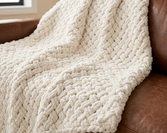 Criss Cross Throw Pattern PDF | Finger Knit Blanket | Bernat Blanket EZ Loop Yarn | No Needles Chunky Basketweave Throw | Beginner DIY