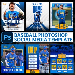Könnte beinhalten: Eine Sammlung von Social-Media-Vorlagen zum Thema Baseball. Die Designs zeigen UCLA-Baseballspieler in Aktion, mit den Teamfarben Blau und Gold. Texte umfassen "COMMITTED", "GAME", "LINE UP" und "SCHEDULE".