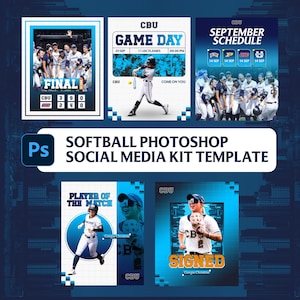May include: A digital Photoshop social media kit template for softball featuring multiple graphic layouts. The designs include game day schedules, final scoreboards, player of the match graphics, and signed player announcements with blue accents.