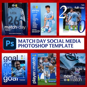 May include: A digital Photoshop template for football match day social media graphics. The layout includes multiple panels featuring New York City FC branding, player photos in light blue kits, match statistics, scoreboards, and text overlays.