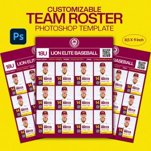 Op de afbeelding: Een aanpasbaar teamrooster Photoshop-sjabloon met een bordeauxrode en witte lay-out. Het ontwerp bevat een koptekst met de tekst 18U LION ELITE BASEBALL, een logo en een raster van spelersprofielen met foto's, namen, nummers en QR-codes.