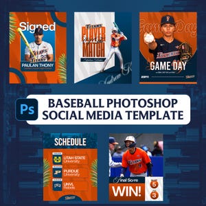 May include: A digital baseball Photoshop social media template featuring multiple graphic layouts. The designs include player portraits with bats, game day announcements, team schedules for Utah State, Purdue, and UNLV, and a final score win graphic.