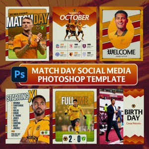 Könnte beinhalten: Eine digitale Photoshop-Vorlage für soziale Medien mit sechs verschiedenen Grafik-Layouts für ein Fußballteam. Die Designs umfassen Spieltagsankündigungen, einen Oktober-Spielplan, eine Willkommensgrafik für James Artur, eine Startaufstellung, einen Endstand von 2-0 und einen Geburtstagsbeitrag für Cesar Peixoto, alles in einem Farbschema aus Gold, Orange und Weiß.