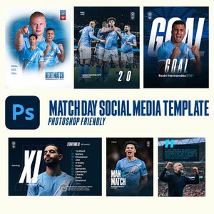 Pode incluir: Um conjunto de modelos de mídia social para o dia do jogo, com jogadores em camisas azuis claras. Os modelos incluem os textos "NEXT MATCH", "GOAL", "STARTING XI" e "MAN OF THE MATCH", juntamente com o logotipo do Photoshop.