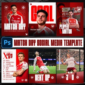 Könnte beinhalten: Social-Media-Vorlage für die Spieltage des FC Arsenal. Das Design zeigt Bilder von Spielern, Spielinformationen und das Arsenal-Logo. Textelemente sind "Match Day", "Goal" und "Player of the Match".