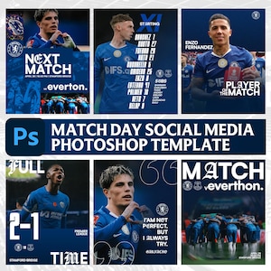 Puede incluir: Plantilla de Photoshop para redes sociales de día de partido, con jugadores del Chelsea FC y detalles del partido. Incluye retratos de jugadores, alineaciones y resultados. El diseño utiliza la combinación de colores azul del equipo.