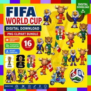以下が含まれることがあります： FIFAワールドカップをテーマにしたクリップアートのデジタルダウンロードグラフィックバンドル。画像には、漫画の動物、サッカーボール、旗、FIFAトロフィーが含まれています。テキストには、「デジタルダウンロード」、「PNGクリップアートバンドル」、および「16 PNGファイル」が含まれています。