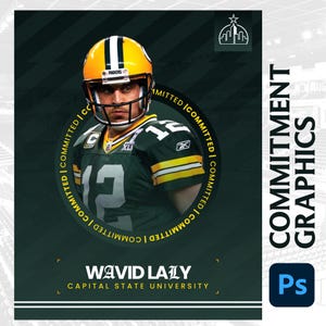 Pode incluir: Um design gráfico com um jogador de futebol americano em uniforme e capacete verdes e amarelos. O texto "COMMITTED" circunda o jogador. O nome "WAVID LALY" e "CAPITAL STATE UNIVERSITY" estão abaixo. As palavras "COMMITMENT GRAPHICS" estão à direita.