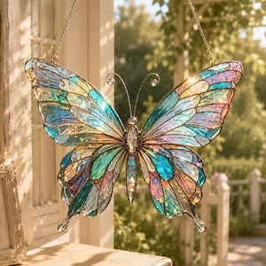Capteur de soleil papillon irisé en vitrail, tenture colorée, attrape-soleil esthétique, décoration de jardin, cadeau pour maman grand-mère