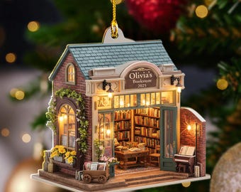 Custom Bookstore Ornament 2026, Personalized Book Lover Keepsake, Miniature Bookshop Decor, Reader Christmas Tree Bauble, Library Gift Art