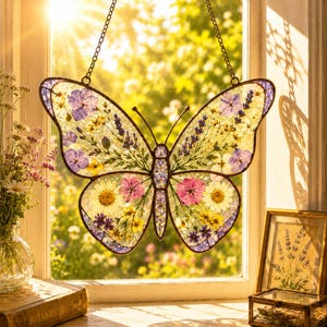 May include: A butterfly-shaped suncatcher featuring pressed flowers in shades of purple, yellow, pink, and white encased in clear glass with a dark metal frame. The decorative piece hangs from a thin metal chain against a bright window.