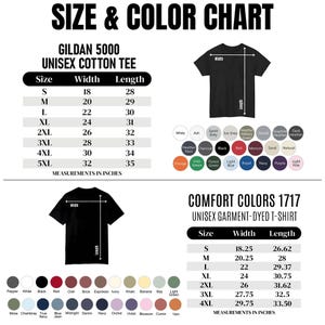 K&ouml;nnte beinhalten: Eine Gr&ouml;&szlig;en- und Farbtabelle f&uuml;r Gildan 5000 Unisex Cotton Tee und Comfort Colors 1717 Unisex Garment-Dyed T-Shirts. Die Tabelle enth&auml;lt Ma&szlig;e in Zoll f&uuml;r Breite und L&auml;nge sowie eine Farbpalette f&uuml;r jeden Shirt-Stil.