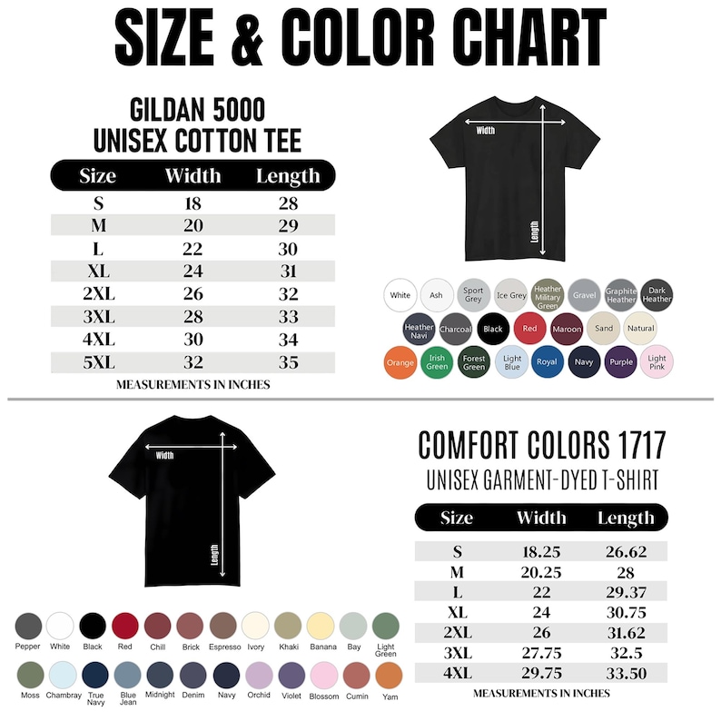 K&ouml;nnte beinhalten: Eine Gr&ouml;&szlig;en- und Farbtabelle f&uuml;r Gildan 5000 Unisex Cotton Tee und Comfort Colors 1717 Unisex Garment-Dyed T-Shirts. Die Tabelle enth&auml;lt Ma&szlig;e in Zoll f&uuml;r Breite und L&auml;nge sowie eine Farbpalette f&uuml;r jeden Shirt-Stil.