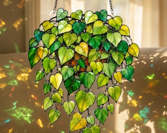 Stained Glass Hanging Plant Suncatcher, Green Leaf Window Decor, Ivy Plant Glass Art, Nature Sun Catcher, Gift for Her