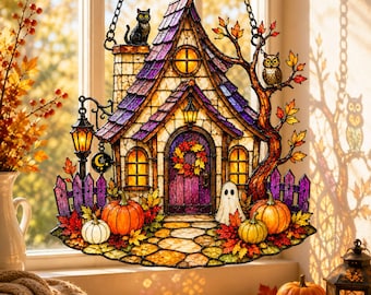 Haunted House Stained Glass, Fall Suncatcher, Halloween Window Hanging, Pumpkin Cottage Decor, Black Cat Owl Fall Decor, Gothic Autumn Gift