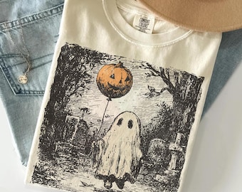 Vintage Ghost Pumpkin Balloon Shirt, Spooky Season Tee, Retro Halloween Graphic Top, Fall Graveyard Apparel, Horror Autumn Clothing