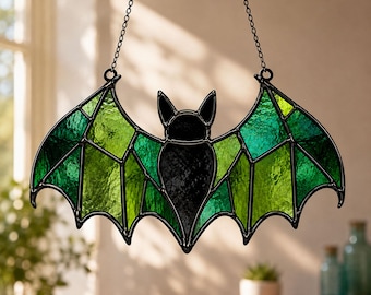 Stained Glass Green Bat Suncatcher, Spooky Window Hanging Decor, Gothic Halloween Ornament, Animal Sun Catcher, Unique Gifts For Her