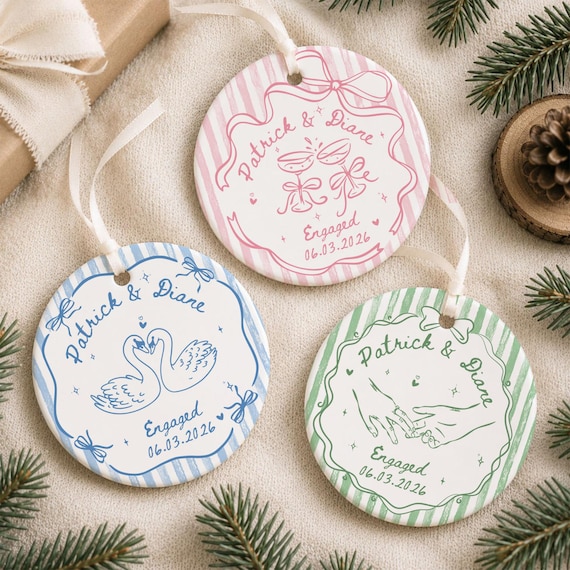 Personalized Engagement Ceramic Ornament, Custom Engagement Gift, Engagement Gift for Engaged Couples, Bride and Groom