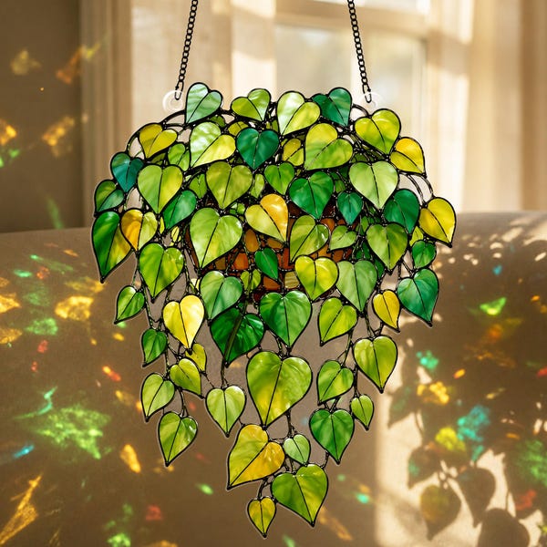 Stained Glass Hanging Plant Suncatcher, Green Leaf Window Decor, Ivy Plant Glass Art, Nature Sun Catcher, Gift for Her