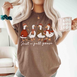 May include: Brown t-shirt featuring a whimsical illustration of four geese dressed in fall attire, including hats, scarves, and a sweater. One goose holds a coffee cup. The text "Just a fall goose" is written below the geese.
