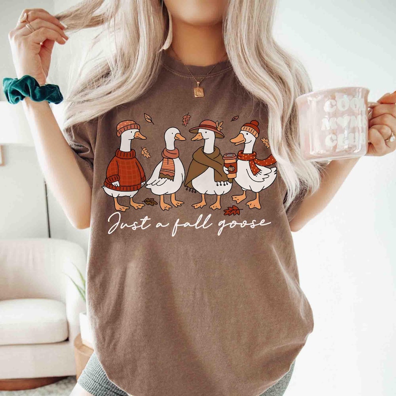May include: Brown t-shirt featuring a whimsical illustration of four geese dressed in fall attire, including hats, scarves, and a sweater. One goose holds a coffee cup. The text "Just a fall goose" is written below the geese.