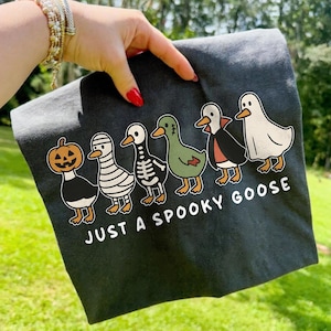 K&ouml;nnte beinhalten: Dunkelgraues T-Shirt mit einem Halloween-Motiv. Es zeigt Cartoon-G&auml;nse in Kost&uuml;men: K&uuml;rbis, Mumie, Skelett, Vampir und Geist. Der Text "JUST A SPOOKY GOOSE" ist darunter aufgedruckt.