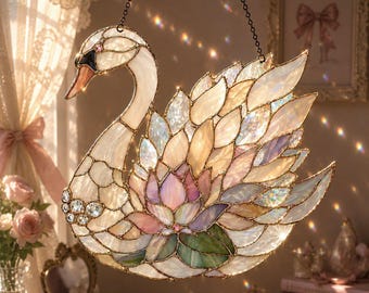 Swan Lotus Stained Glass Suncatcher, Swan Decor, Coquette Stained Glass Art Decor, Wedding Gifts, Anniversary Gifts for Couples