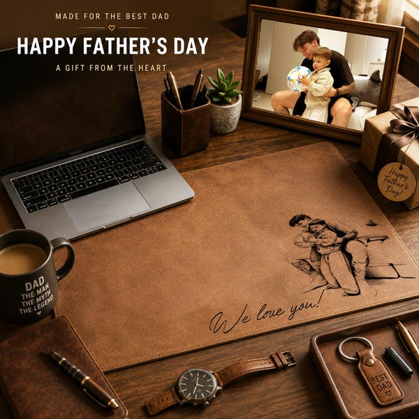Personalized Sketch Photo Desk Mat, Custom Line Art Mouse Pad, Fathers Day Gift For Husband, Dad Birthday Present, I Love You Papa Deskpad