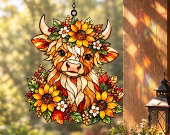 Pode incluir: Um apanhador de sol em vitral com uma vaca Highland com uma coroa floral de girassóis amarelos, flores brancas e bagas vermelhas. A vaca tem pelo felpudo bege e branco, chifres curvos e olhos escuros, pendurada numa corrente preta.