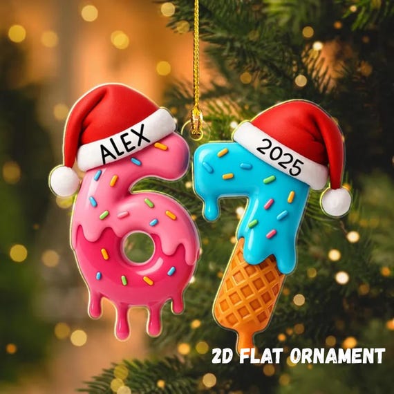 Personalized 67 Meme Ornament, 2D Flat Ornament Gen Alpha Trend, Funny Ice Cream Donut Gift, Christmas 2025 Xmas Tree, Gen Z Slang