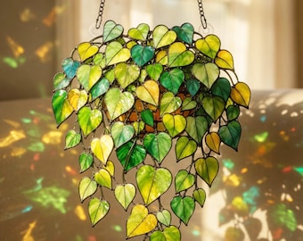 Stained Glass Hanging Plant Suncatcher, Green Leaf Window Decor, Ivy Plant Glass Art, Nature Sun Catcher, Gift for Her