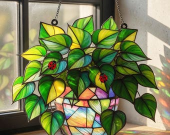Stained Glass Hanging Plant Suncatcher, Green Leaf Window Decor, Ivy Plant Glass Art, Nature Sun Catcher, Gift for Her