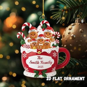Personalized Gingerbread Family 2D Flat Ornament with Pets Custom Christmas Mug Keepsake with Names & Year, Christmas Keepsake 2025