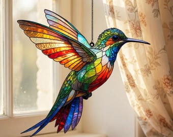 Hummingbird Stained Glass Suncatcher, Colorful Window Hanging, Rainbow Light Sun Catcher, Gift for Mom, Bird Lover Decor, Home Window Art