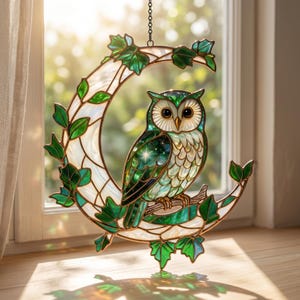 May include: Stained glass owl suncatcher with a crescent moon design. The owl is perched on a branch within the moon, surrounded by green leaves. The owl features shades of green, white, and gold. The suncatcher hangs from a chain.