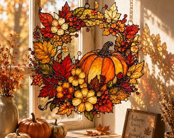 Op de afbeelding: Een glas-in-lood krans met een centrale oranje pompoen omringd door rode, oranje en gele herfstbladeren, kleine bloemen en rode bessen. Het ronde stuk hangt aan een zwarte ketting en vertoont levendige herfstkleuren.