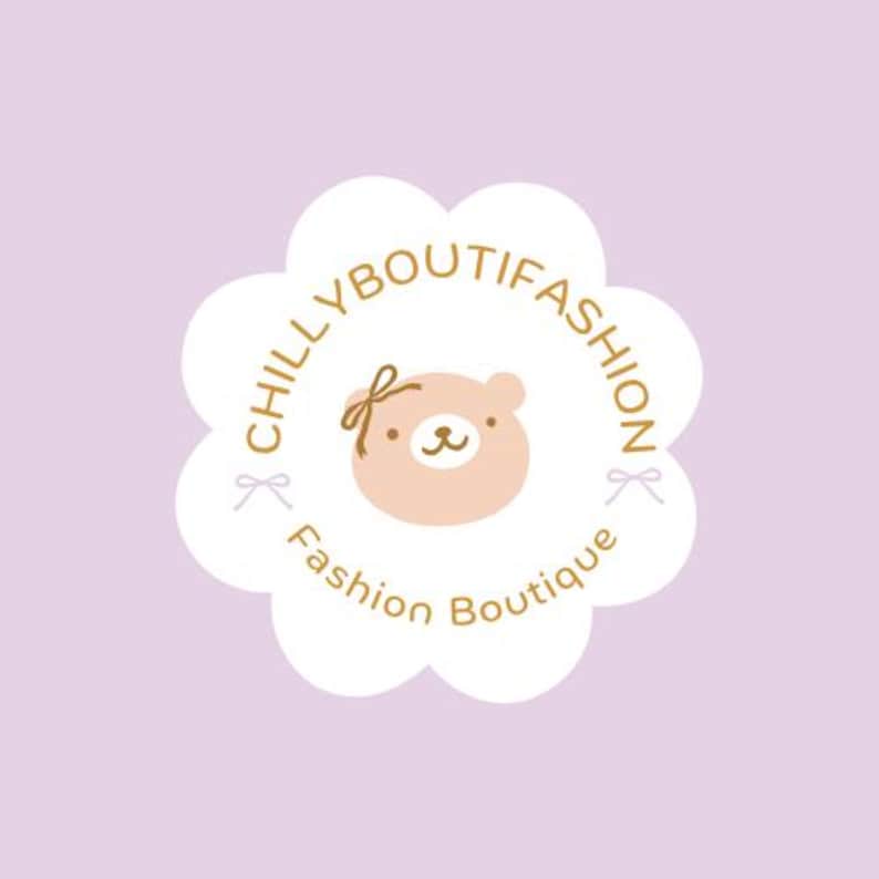 May include: A logo for "Chillyboutifashion" featuring a cartoon bear with a bow, surrounded by text in a floral-shaped frame. The design is in soft pastel colors, with a lavender background.