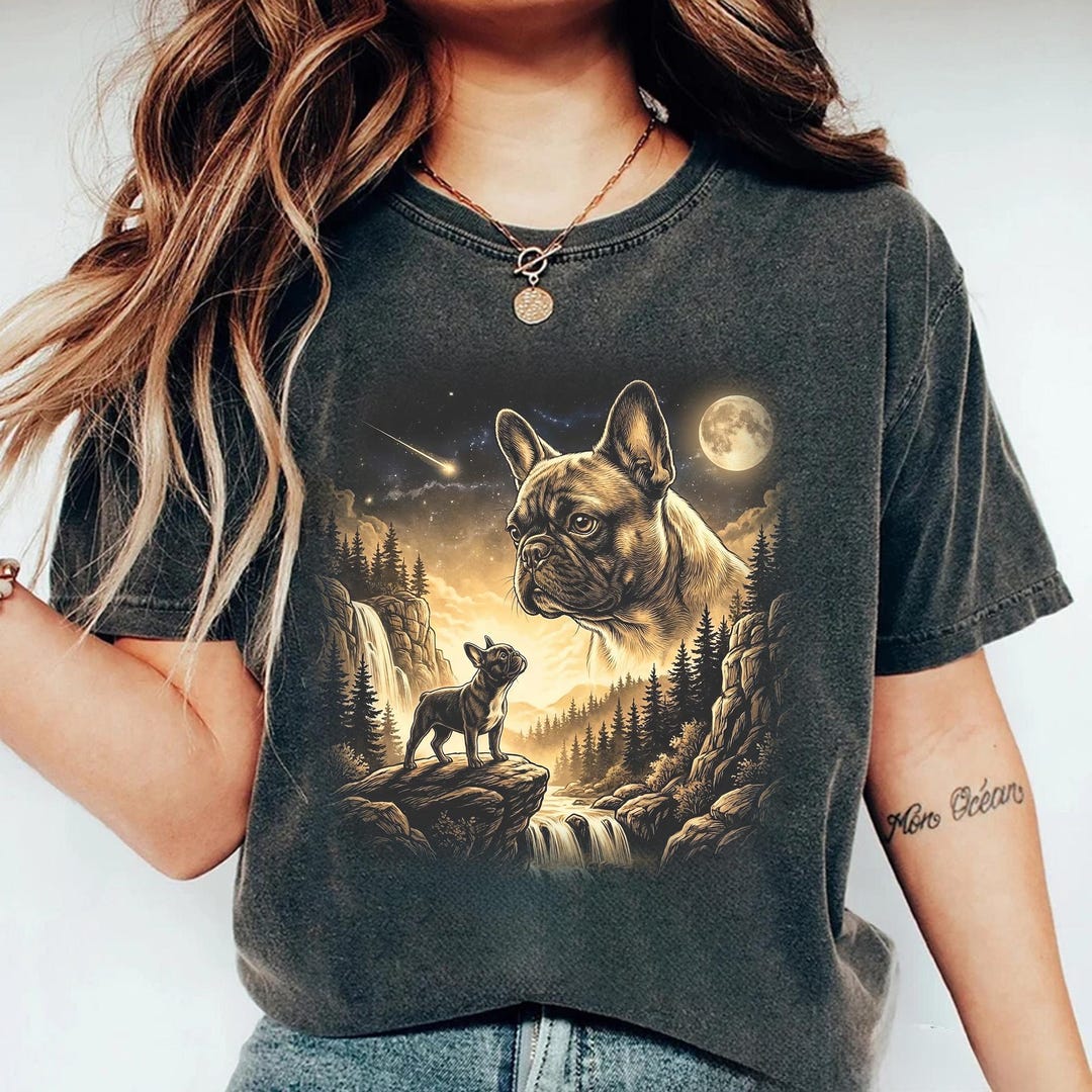French Bulldog Howling Moon Shirt, Vintage Waterfall Pine Tree Tee ...