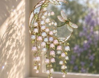 Lily Of The Valley Moon Suncatcher, Window Hanging, Acrylic Garden Decor, Lily Stained Glass, Plant Lover Gift, Birth Month Flower Gift Idea