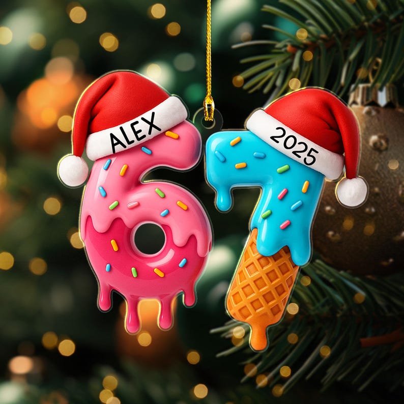 May include: Two Christmas ornaments shaped like the numbers six and seven, designed to look like desserts. The number six is pink with sprinkles and the name "ALEX". The number seven is blue with sprinkles and the year "2025". Both have Santa hats.
