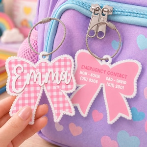 Personalized Bow Backpack Name Tag, Acrylic Backpack Keychain Tag, Water Bottle Tag, Diaper Bag, Lunchbox Name Tag, School Girls Name Plate